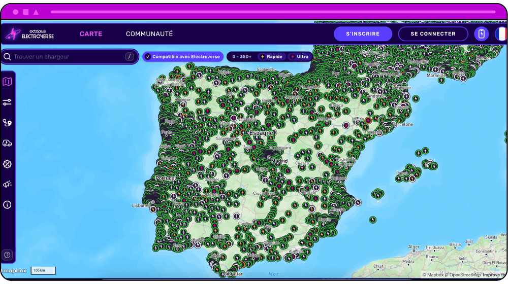 Electroverse map of EV chargers in Spain (in French). Carte Electroverse des bornes de recharge pour véhicules électriques en Espagne.