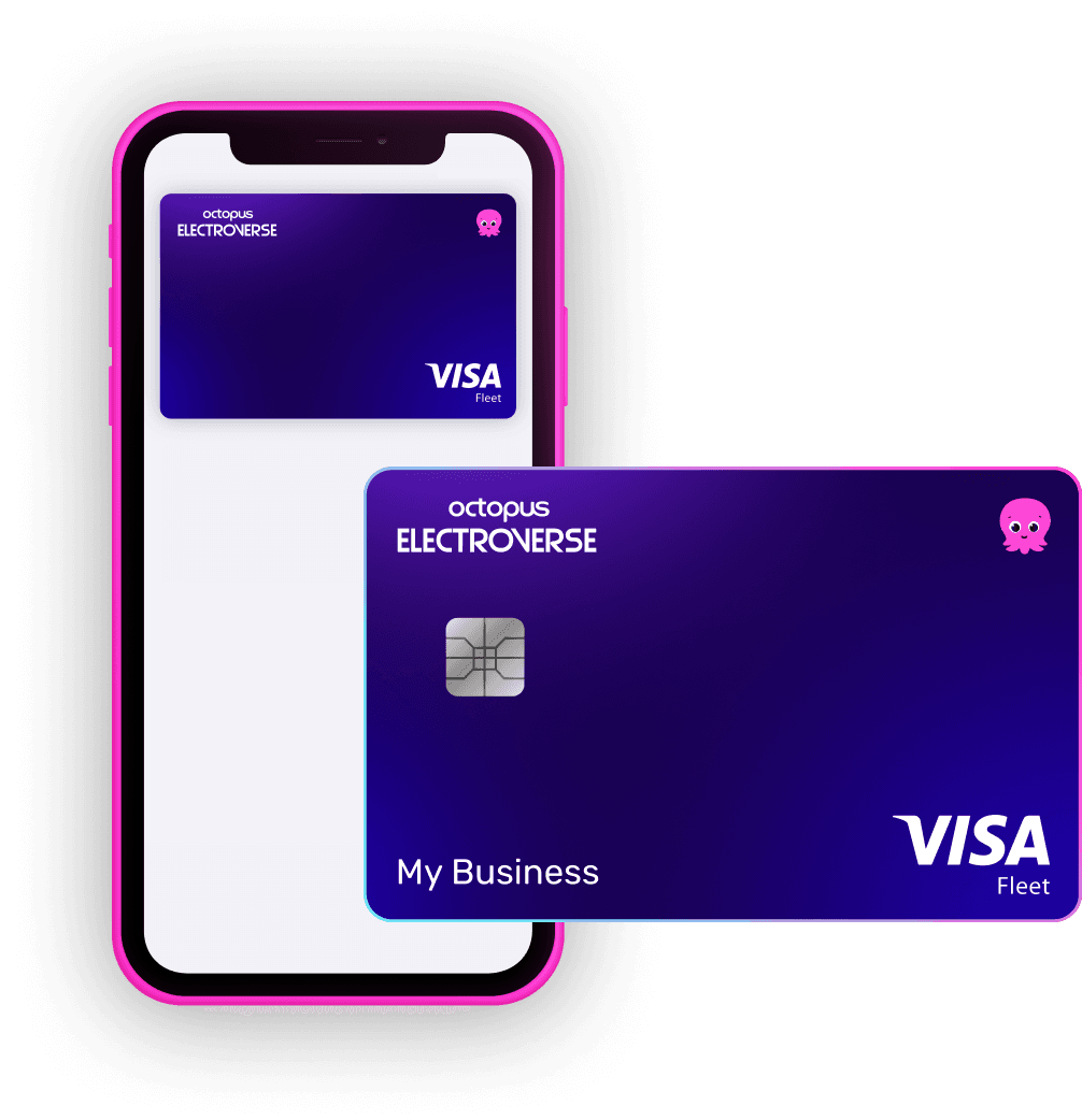 A purple VISA Fleet card labeled "Octopus Electroverse" is displayed beside a smartphone showing the same card.