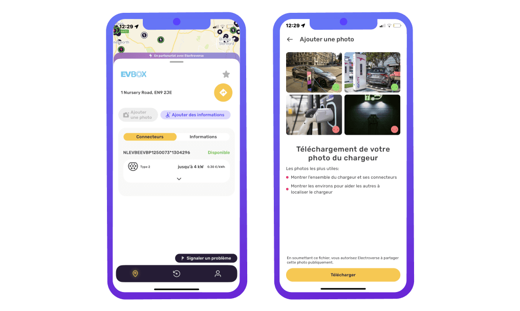 Octopus Electroverse app screens showing how to submit a photo of an EV charger