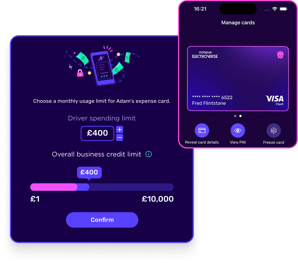 Mobile app interface showing a spending limit setup for an expense card, with options to view card details, PIN, and freeze the card.