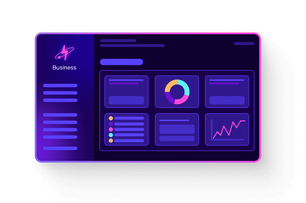A digital dashboard with a purple theme displays charts, graphs, and menu items labeled "Business" on the left side.