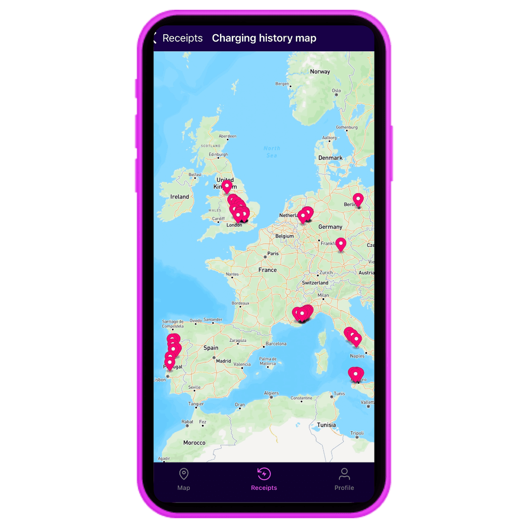 A pink iPhone mockup of a screen with a map and pins