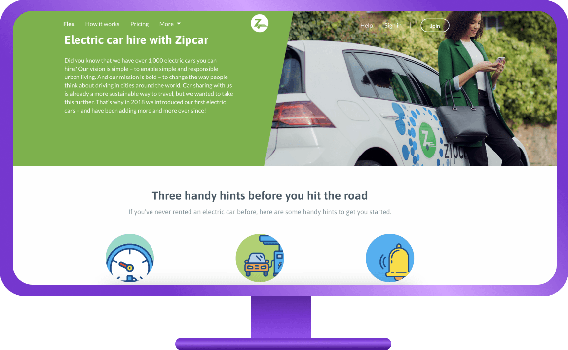 zipcar electric car hire page