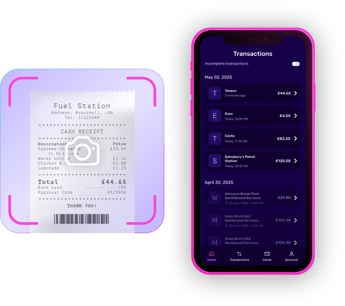 A digital receipt and a smartphone displaying a transactions list with dates, store names, and amounts in a sleek, dark-themed app interface.