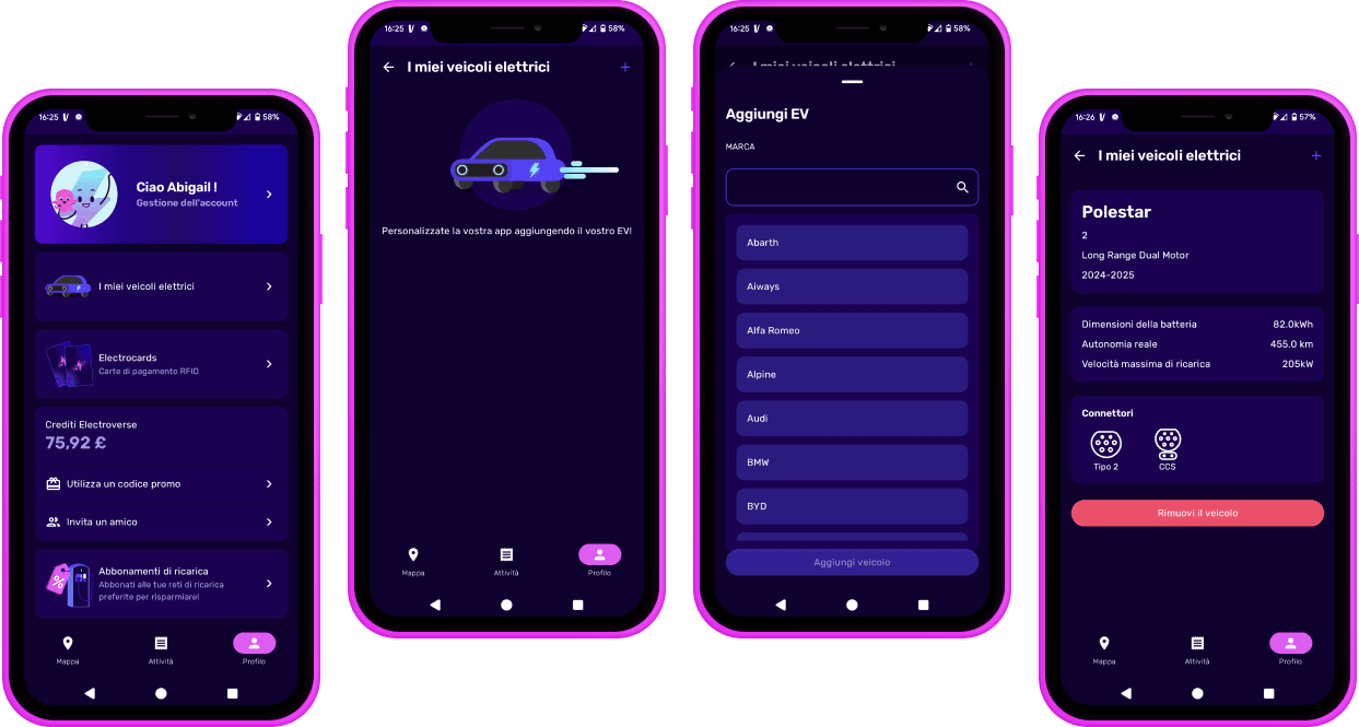 Quattro schermi di smartphone mostrano l'interfaccia di un'app per veicoli elettrici con profilo utente, elenco dei veicoli elettrici, funzione di ricerca e dettagli dei veicoli su sfondo scuro.