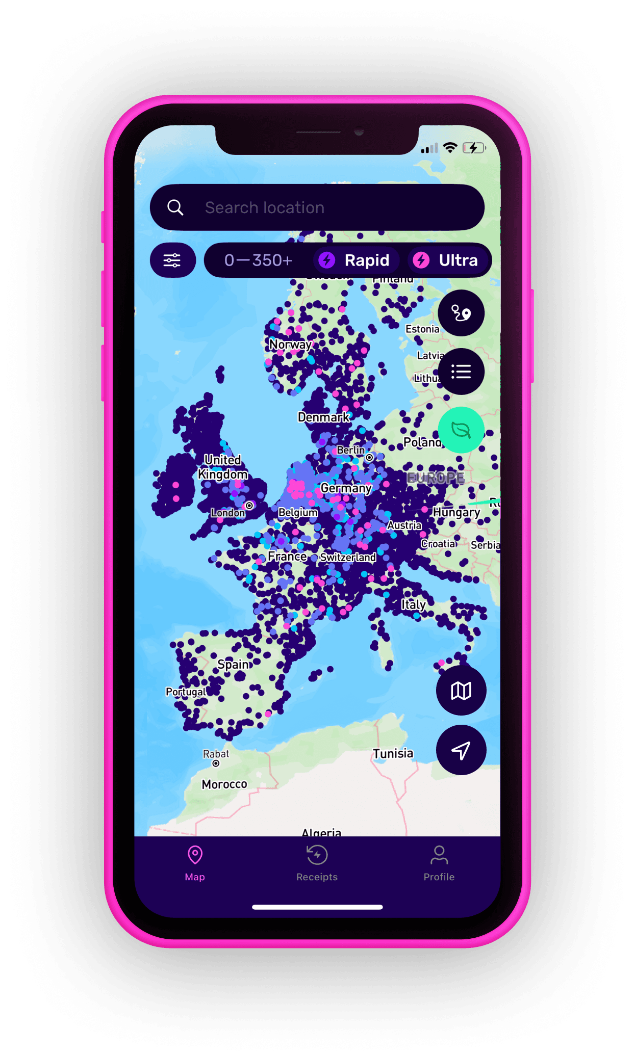 Smartphone displaying a map of Europe with numerous purple location markers, indicating various points of interest or data points.