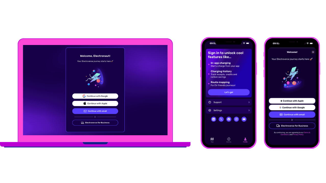 Purple-themed digital interface on a laptop and two smartphones displaying a sign-in screen in the Electroverse app with options for Google, Apple, and email login.