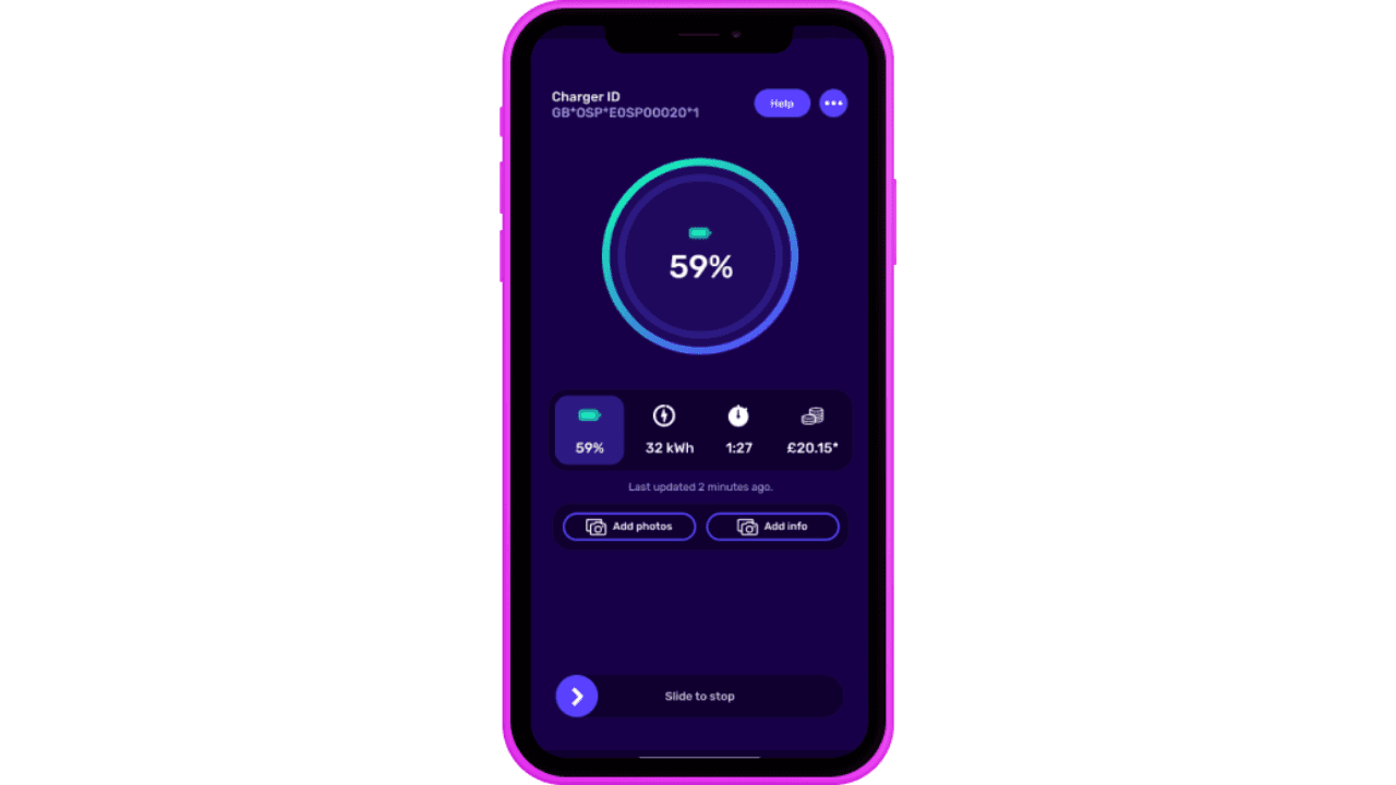 Smartphone screen showing a charging app interface with a 59% battery status, time, cost, and options to add photos or info, on a dark background.