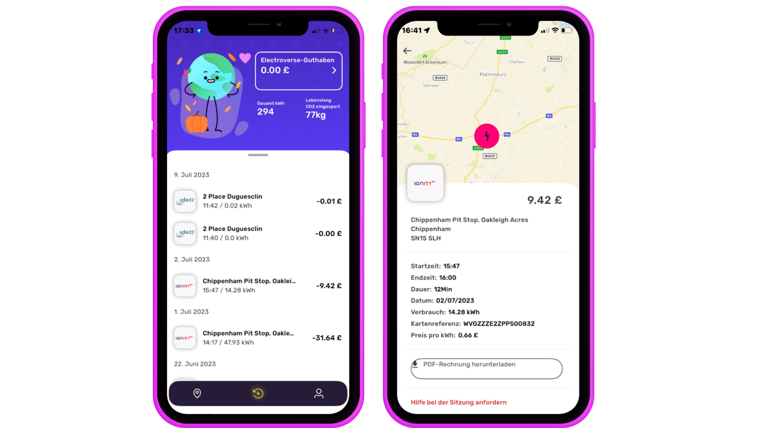 images of Octopus Electroverse app in German, displaying EV charging receipts