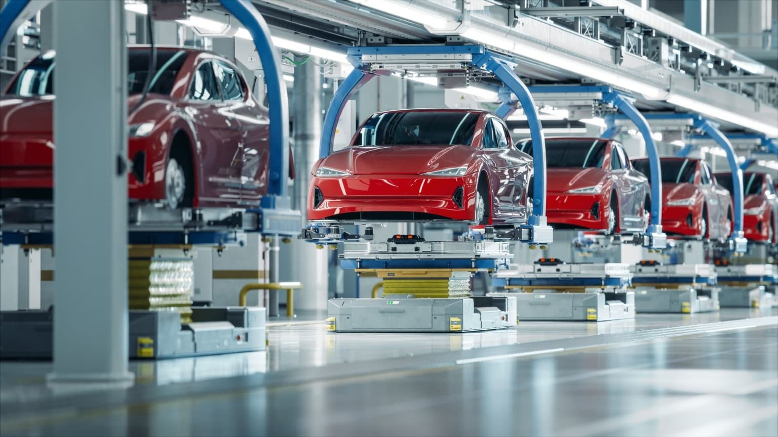 Electric cars being transported within a factory. Elektroautos werden innerhalb einer Fabrik transportiert. Coches eléctricos siendo transportados dentro de una fábrica. Auto elettriche trasportate all'interno di una fabbrica. Carros elétricos a serem transportados dentro de uma fábrica. Voitures électriques transportées dans une usine.