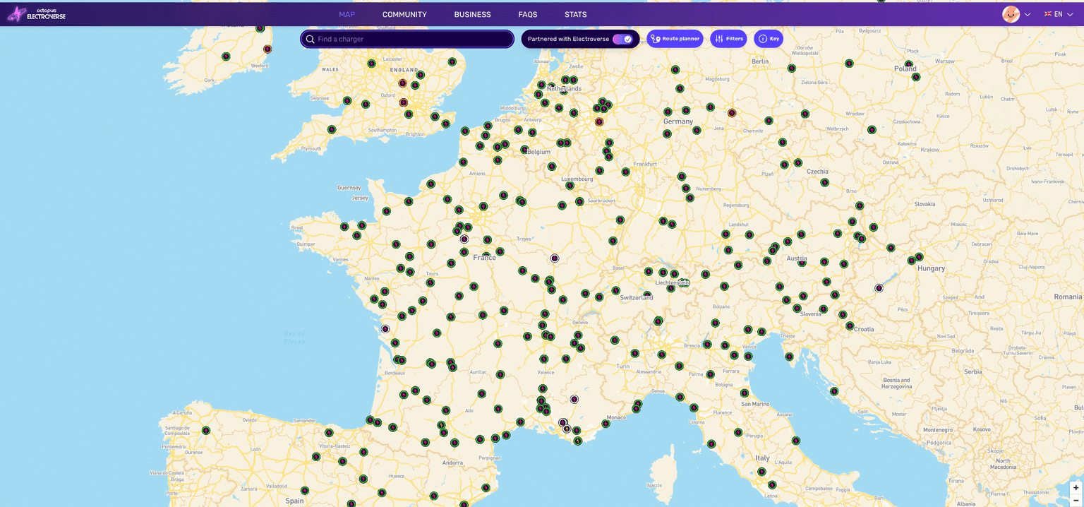 Octopus Electroverse map showing IONITY ev charging stations