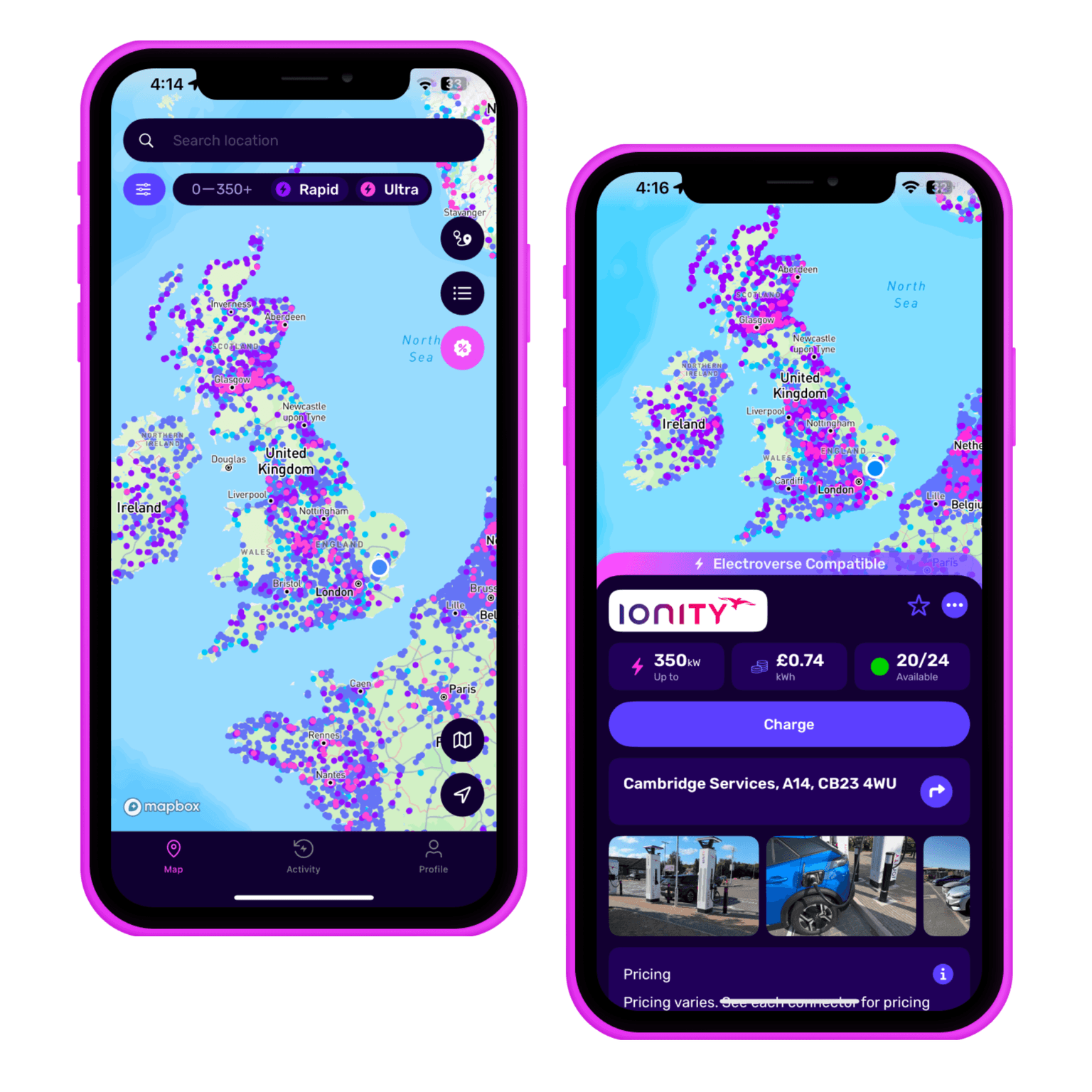 Two smartphones display a map app showing charging stations in the UK, with details and images of a specific location on the right screen.