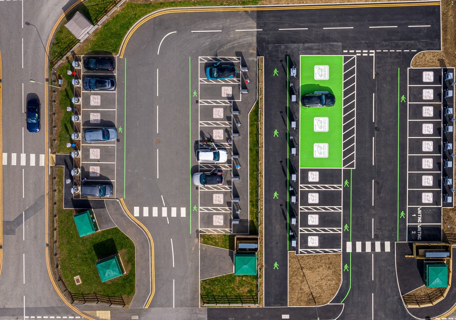 Drone photograph of InstaVolt EV chargers at Stroud Park