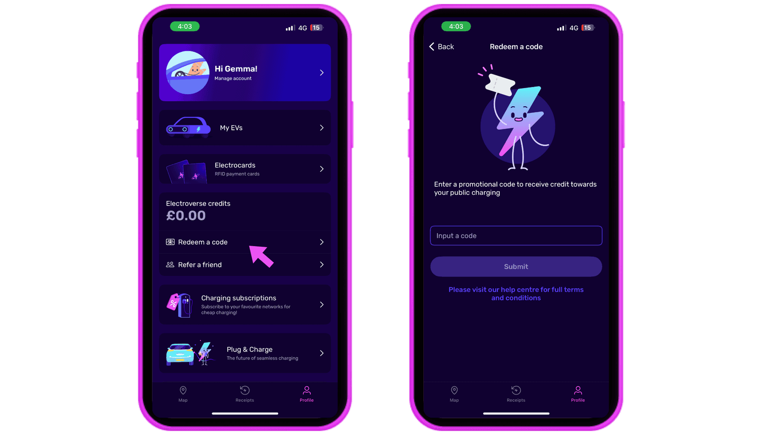 Two iPhone screens in a graphic pink format. Both have different app screenshots where users can navigate how to redeem a code for ev charging in the Octopus Electroverse app