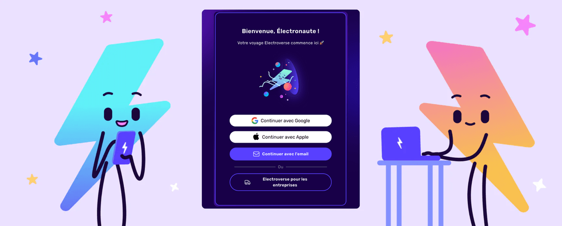 Deux personnages colorés en forme d'éclair interagissent avec un écran de connexion proposant des options pour Google, Apple et la messagerie électronique. L'arrière-plan est orné d'étoiles et d'une fusée.