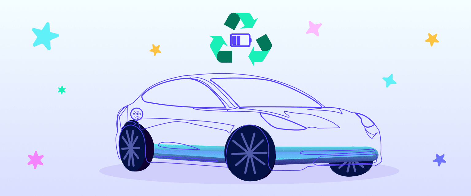 Illustrazione di un'auto elettrica con simboli di riciclaggio sopra di essa, circondata da stelle colorate su uno sfondo chiaro.