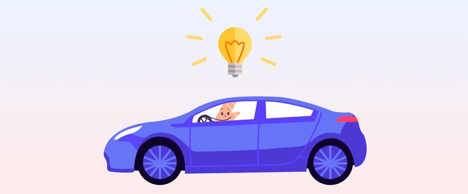 Abbildung einer Person, die ein blaues Auto mit einer leuchtenden Glühbirne darüber fährt, die eine Idee oder Inspiration symbolisiert.