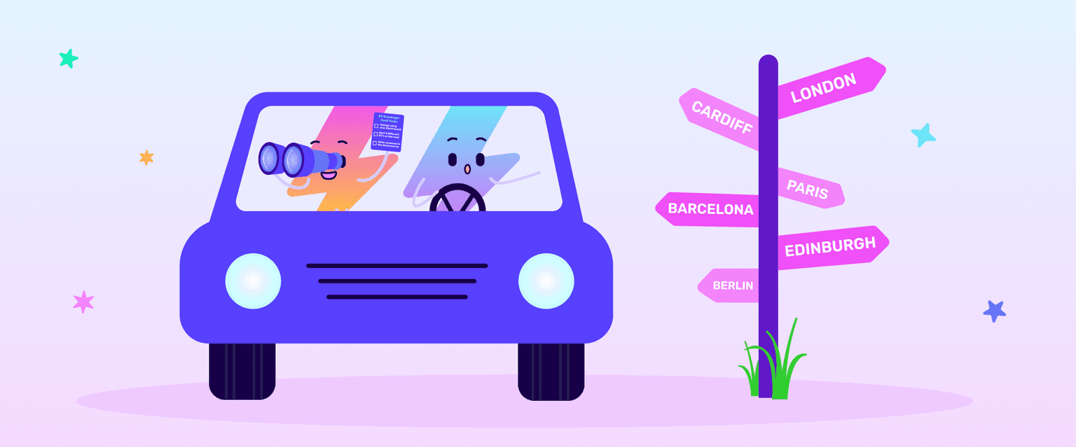 graphic of Octopus Electroverse mascot, Zapman, riding in an EV next to a friend looking out of binoculars