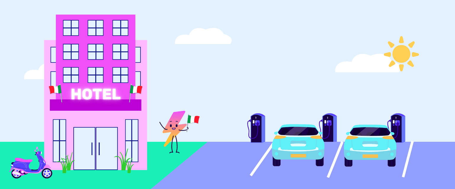 Illustrazione di un hotel rosa con bandiere, due auto elettriche in ricarica, uno scooter e un personaggio che tiene una bandiera sotto un cielo soleggiato.
