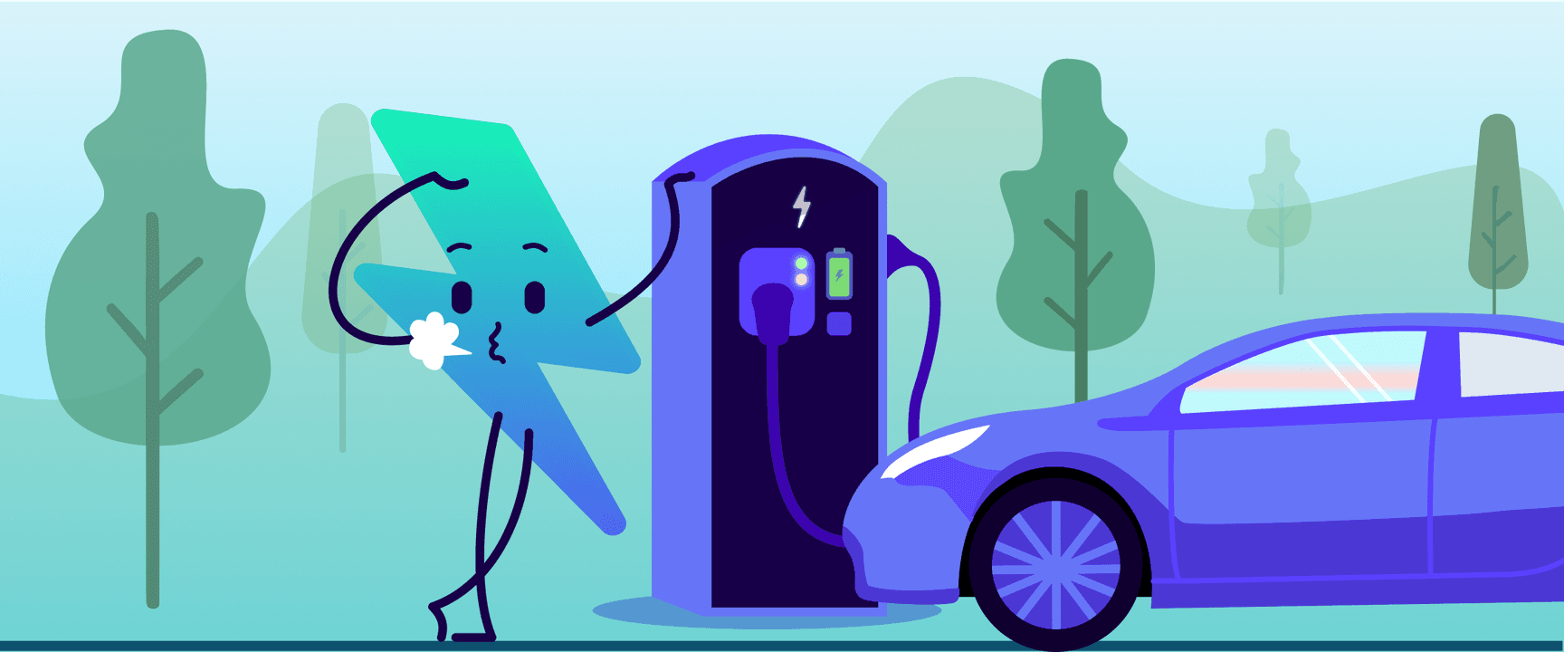 Illustration of a blue electric car charging at a station, with a cartoon lightning bolt character wiping sweat in a forest setting.