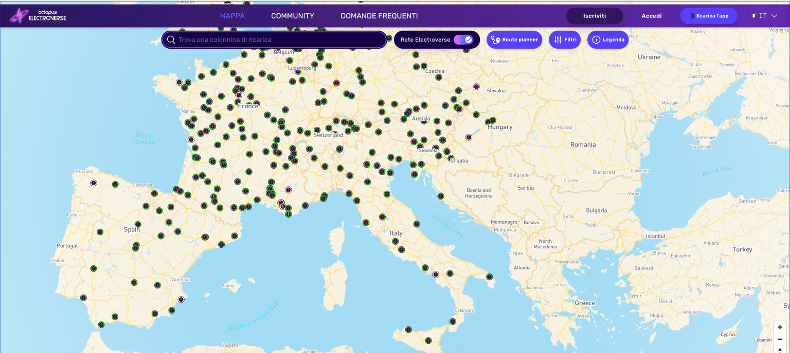 Map of IONITY locations on Octopus Electroverse map