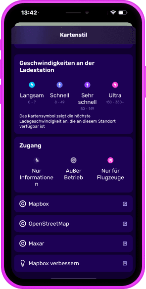 ein rosa iPhone mit der Registerkarte „Kartenstile“ und einer Schaltfläche „Kartenstecknadeln“