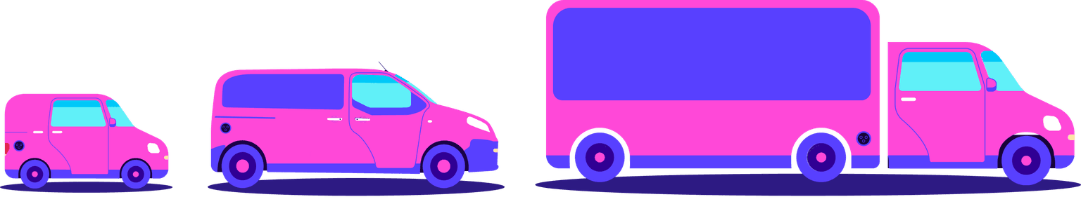 Three different sized pink vans: HGV, minivan, people carrier