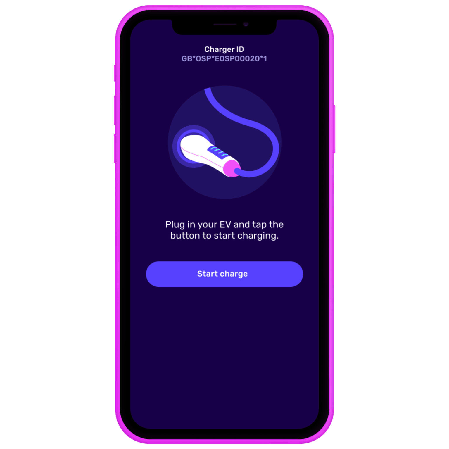 Smartphone screen showing an electric vehicle charging app interface with a "Start charge" button and charger ID displayed.