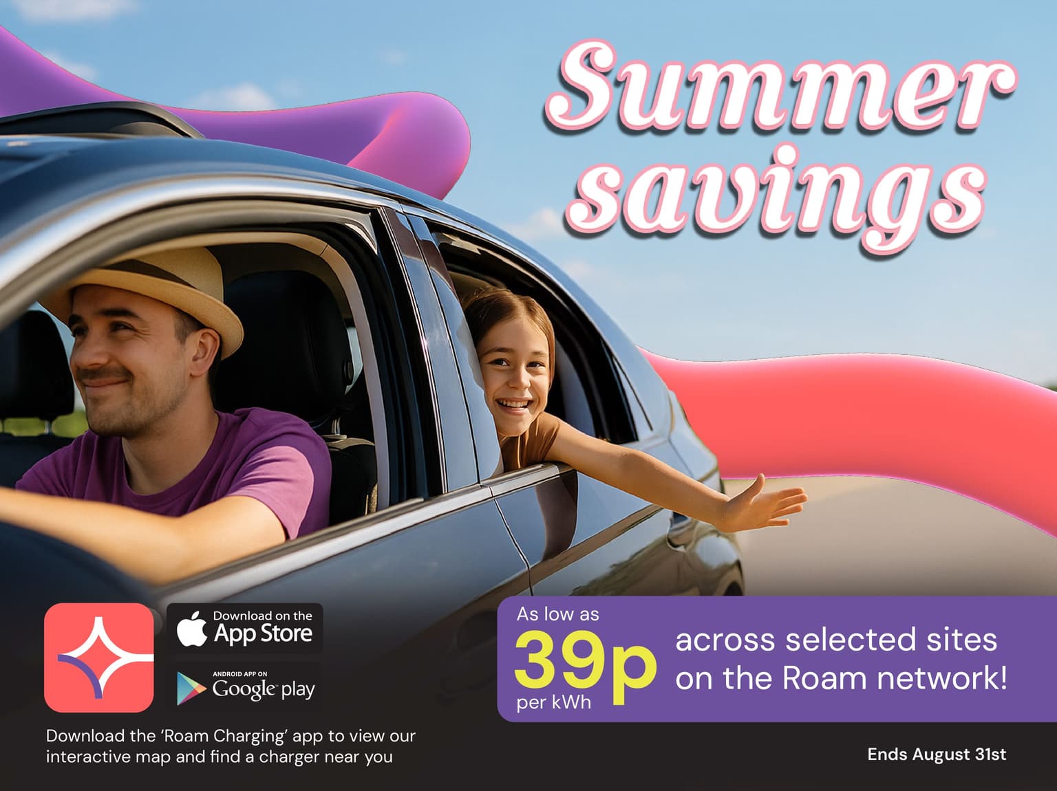A cheerful man and a young girl smile while leaning out of the windows of a parked car on a sunny day, with colorful abstract shapes in the background. Bold text reads 'Summer savings'. A purple banner at the bottom advertises charging rates 'As low as 39p per kWh across selected sites on the Roam network!' Logos for the App Store and Google Play are shown, along with a prompt to download the 'Roam Charging' app. A note in the corner says the offer ends August 31st.