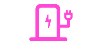 Pink icon of an electric vehicle charging station with a lightning bolt and plug symbol.