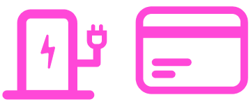 Pink icons of an electric vehicle charging station and a credit card on a white background.