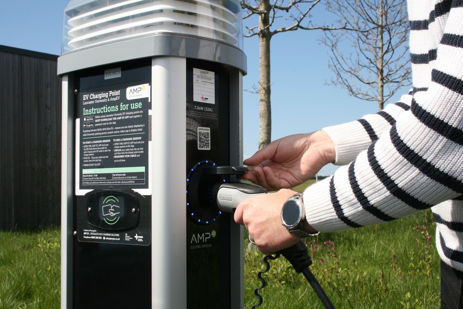 man plugging ev charging cable into a charging station