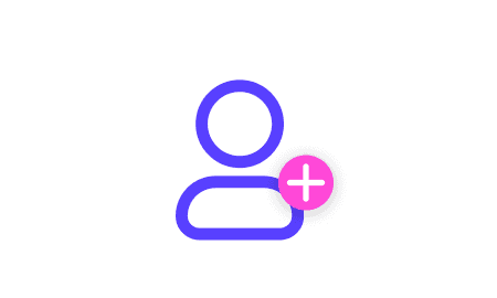 Outline of a person with a purple border and a pink circle containing a plus sign, indicating "add user."