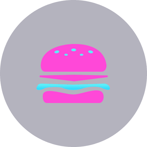 A stylized, neon pink and blue hamburger icon on a dark blue circular background.