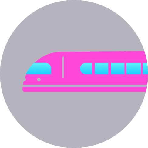 Stylized illustration of a pink high-speed train on a dark circular background.