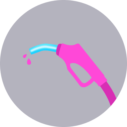 Illustration of a pink fuel pump nozzle with blue liquid dripping, set against a dark circular background.