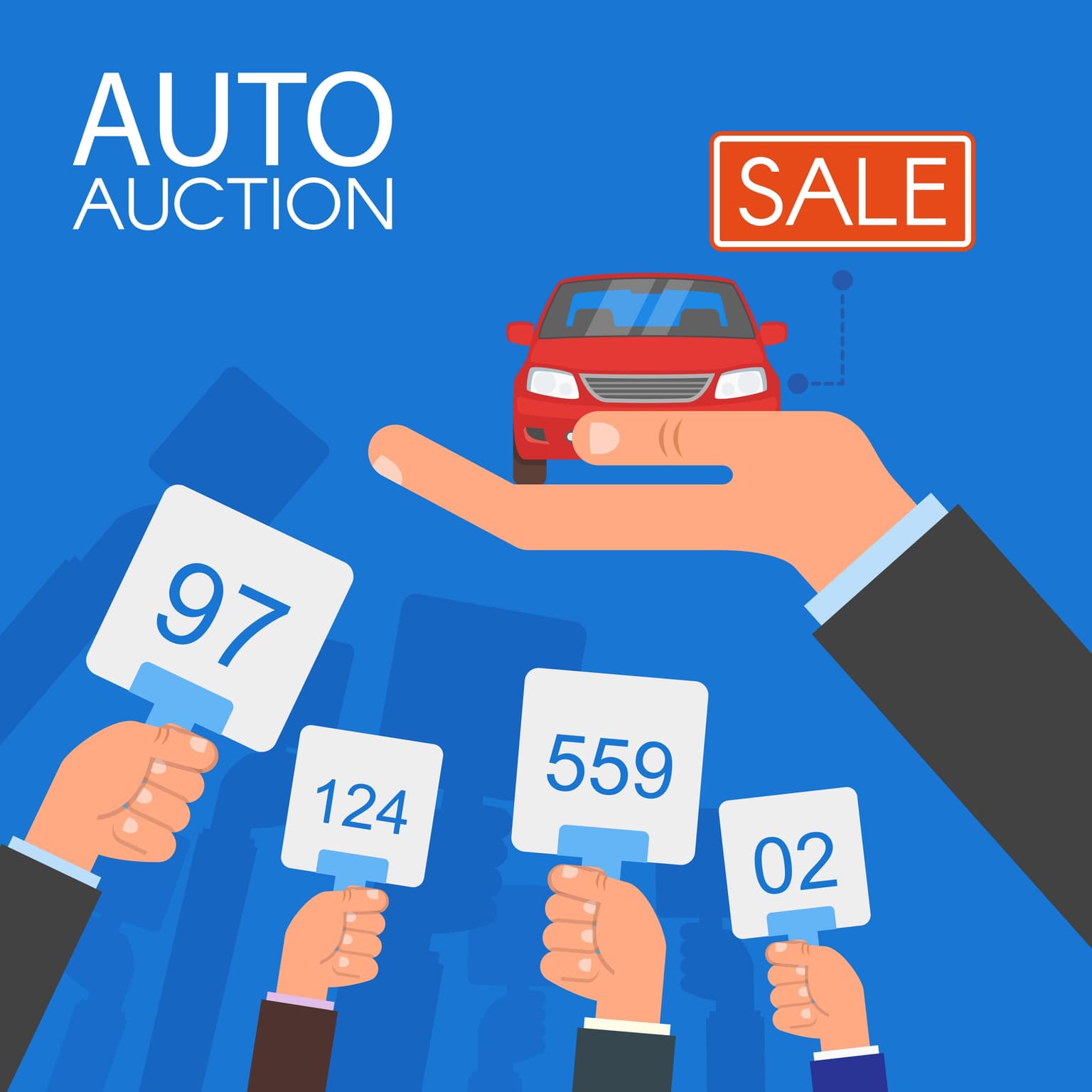 Ilustración de una mano sosteniendo un coche rojo con un cartel de "VENTA". Los postores sostienen paletas numeradas: 97, 124, 559, 02. El texto dice "SUBASTA DE AUTOS".