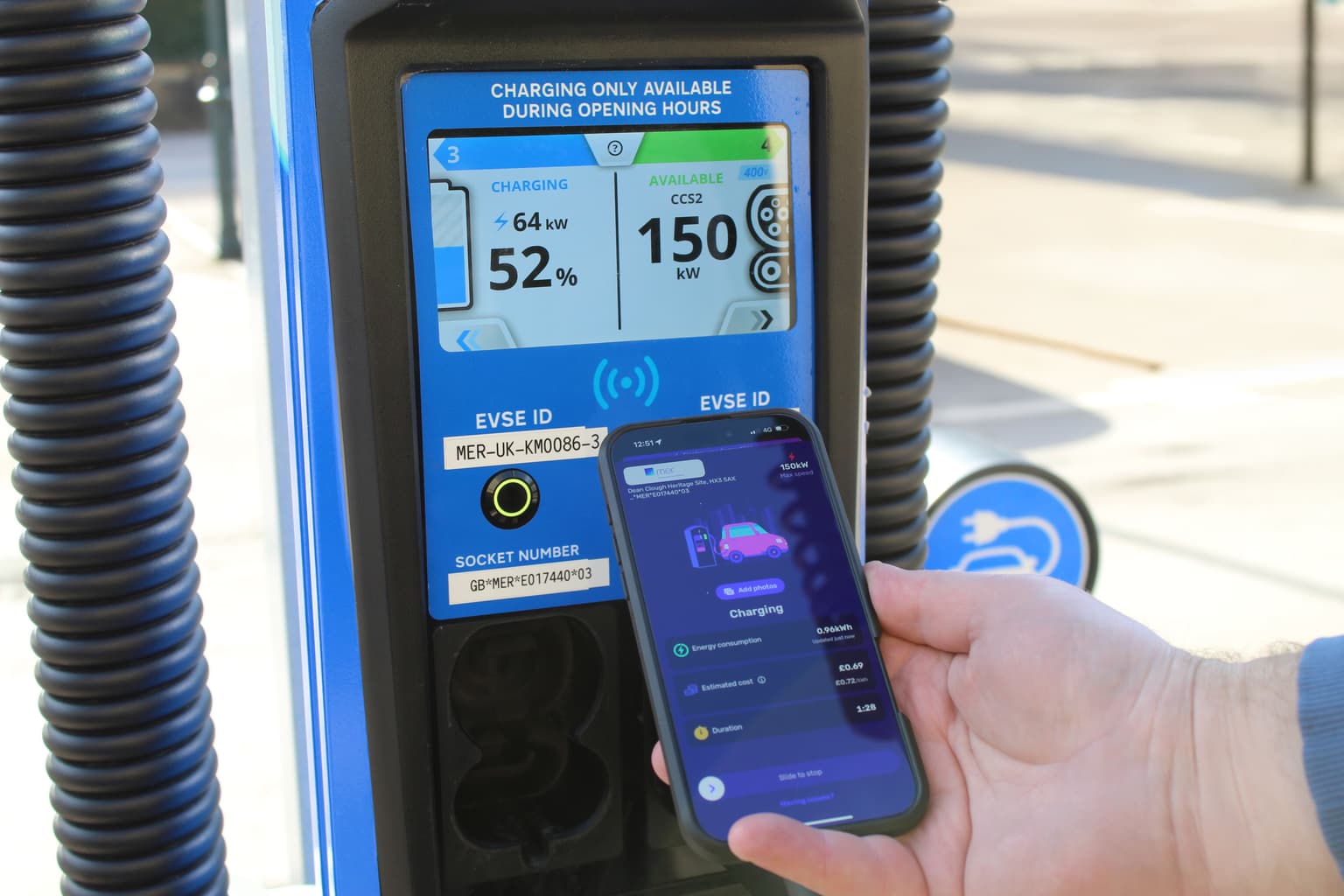 Electroverse app being used to charge at a Mer charging location