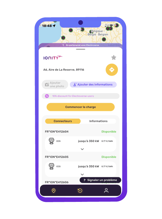 Octopus Electroverse app screen showing IONITY charger in France