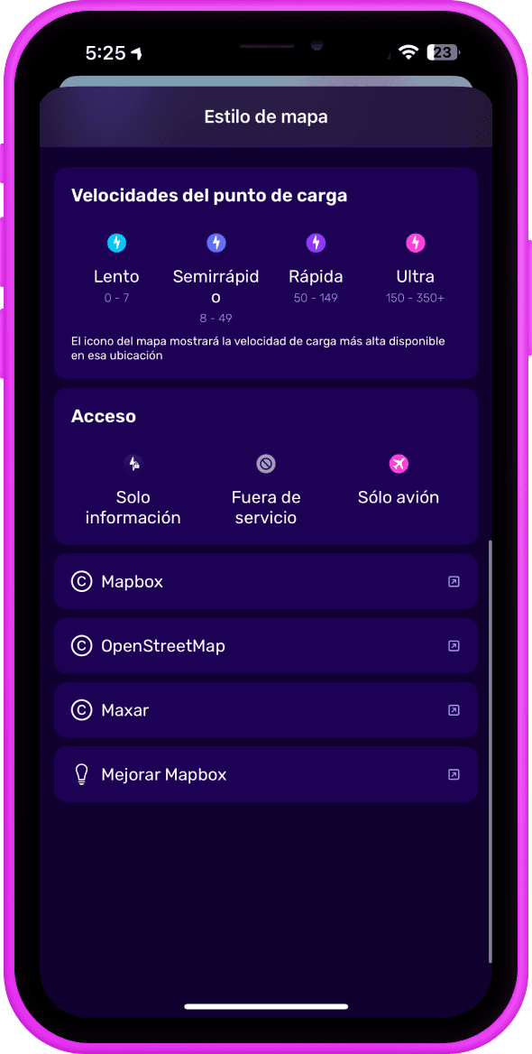 Pantalla de la aplicación móvil que muestra las opciones de estilo del mapa para las velocidades de carga: Lenta, Semirrápida, Rápida, Ultra. Opciones de acceso: Solo información, Sin conexión, Avión.