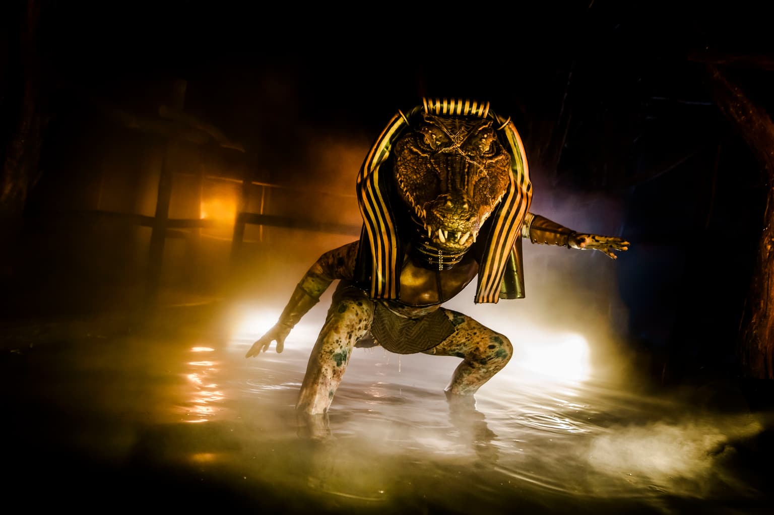A man with a crocodile for a head stands in a pool covered by steam
