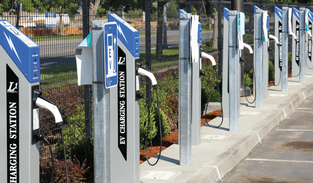 Fila de estaciones de carga de vehículos eléctricos en un estacionamiento, cada una equipada con un cable de carga, rodeadas de vegetación y vallas.