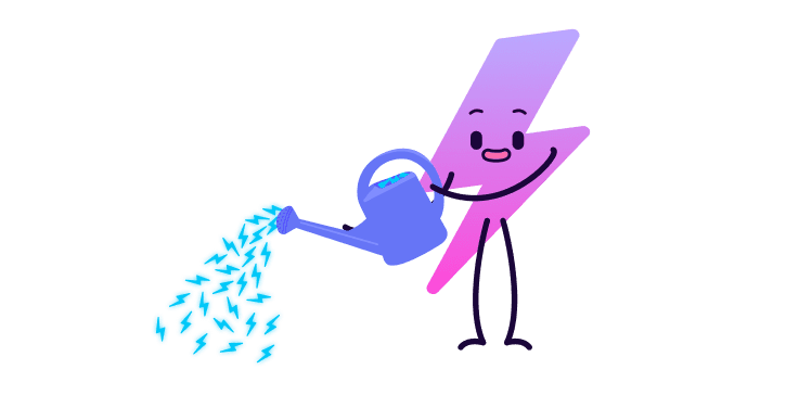 Zapman, Electric Universe mascot, is using a watering can, where small electric droplet appear instead of water