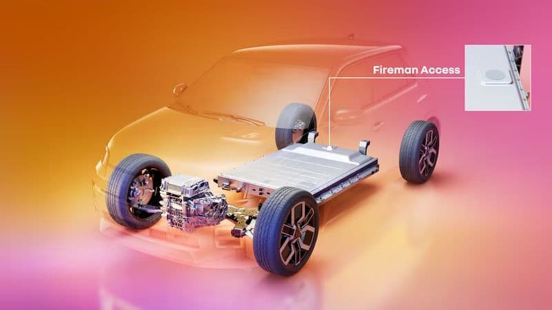 A diagram of the inside of an EV with a fire prevention system installed. Un schéma de l'intérieur d'un véhicule électrique avec un système de prévention d'incendie installé. Ein Diagramm des Inneren eines Elektrofahrzeugs mit installiertem Brandschutzsystem. Um esquema do interior de um veículo elétrico com um sistema de prevenção de incêndios instalado. Uno schema dell'interno di un veicolo elettrico con installato un sistema antincendio. Un diagrama del interior de un vehículo eléctrico con un sistema de prevención de incendios instalado.