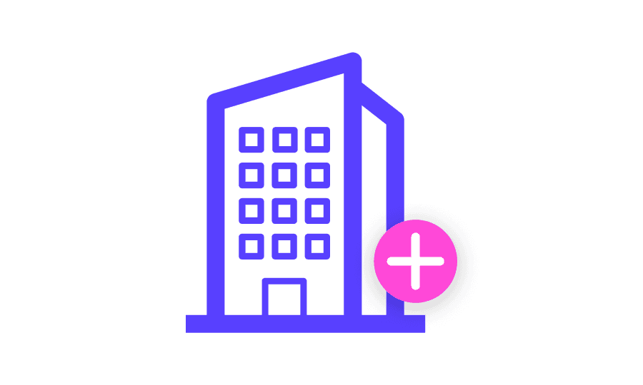 Icon of a purple building with a pink circle and white plus sign on the right, suggesting addition or inclusion.