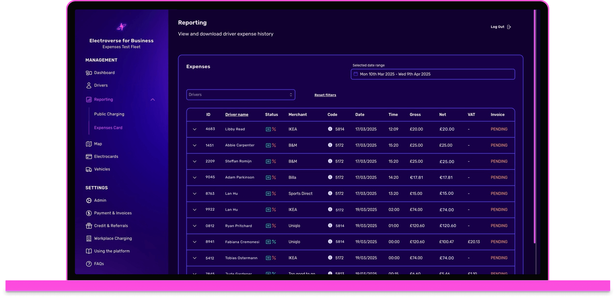 Image of expenses card product from Octopus Electroverse displayed on a laptop