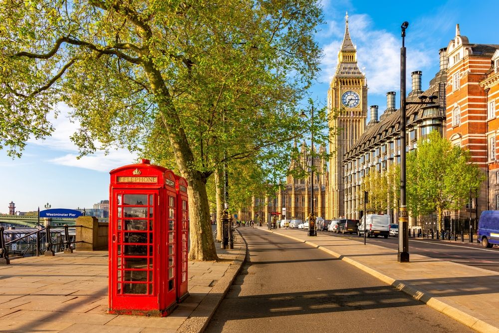 Red telephone booth near Westminster Palace and Big Ben in London, with a clear blue sky and trees lining the street.