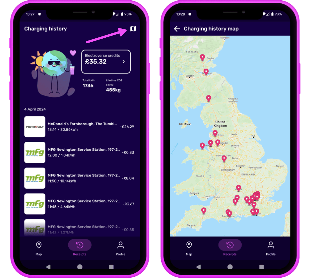 Charging history map screenshots