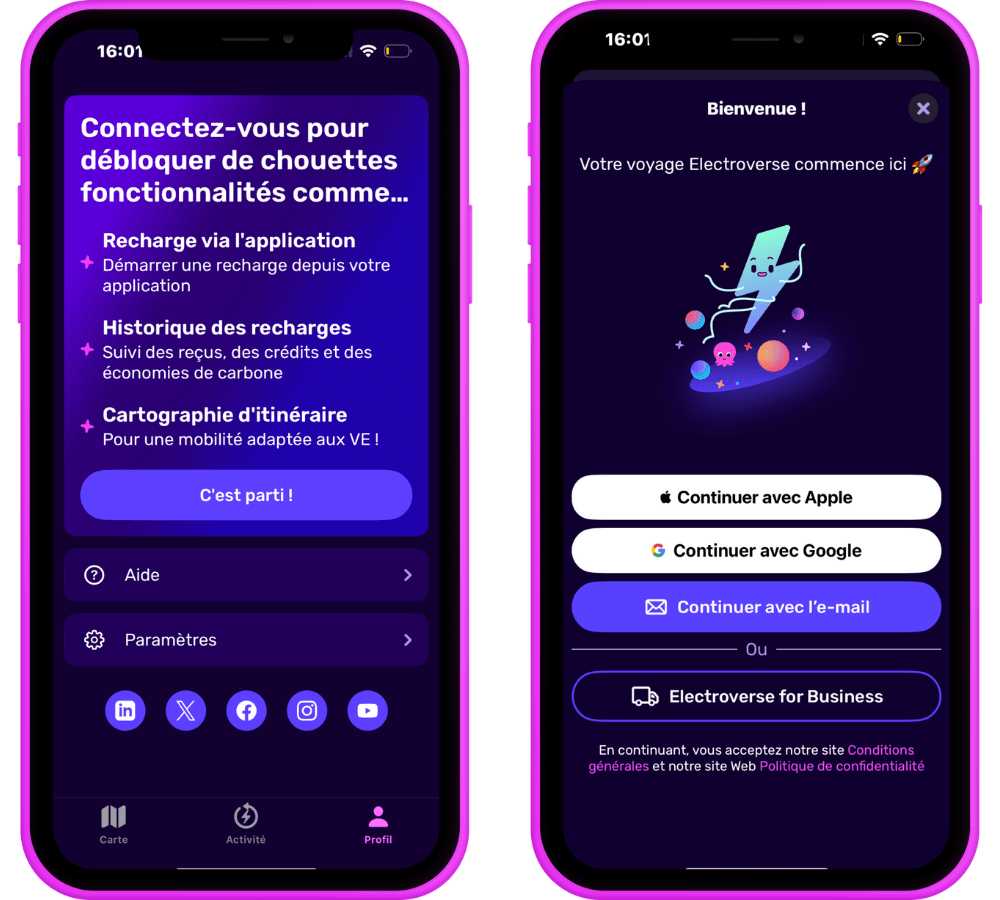 Deux écrans de smartphone affichant l'interface de l'application française Electroverse pour les services de recharge de véhicules électriques, avec des options de connexion et des fonctionnalités de navigation.
