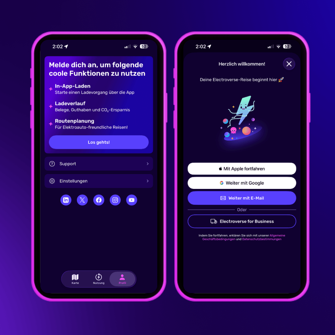 Zwei Smartphone-Bildschirme zeigen eine lilafarbene App-Oberfläche auf Deutsch an, die Anmeldeoptionen und Funktionen wie In-App-Laden und Routenplanung anzeigt.